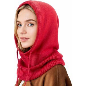 Women's Scarf Hat Balaclava Beanie Skull Cap with Drawstring Warm Hat Red
